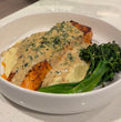 Salmon with Creamy Spinach Parmesan Sauce, Mashed Potatoes & Broccolini