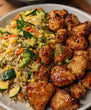 Honey Garlic Chicken over Veggie Fried Rice